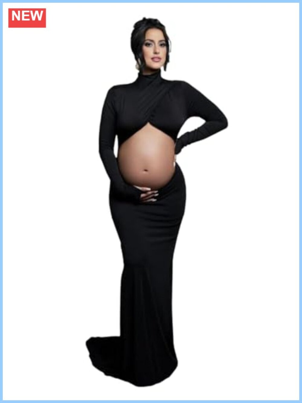 Maternity Crossover Mock Neck Maxi Photoshoot Dress Long Sleeve Mermaid